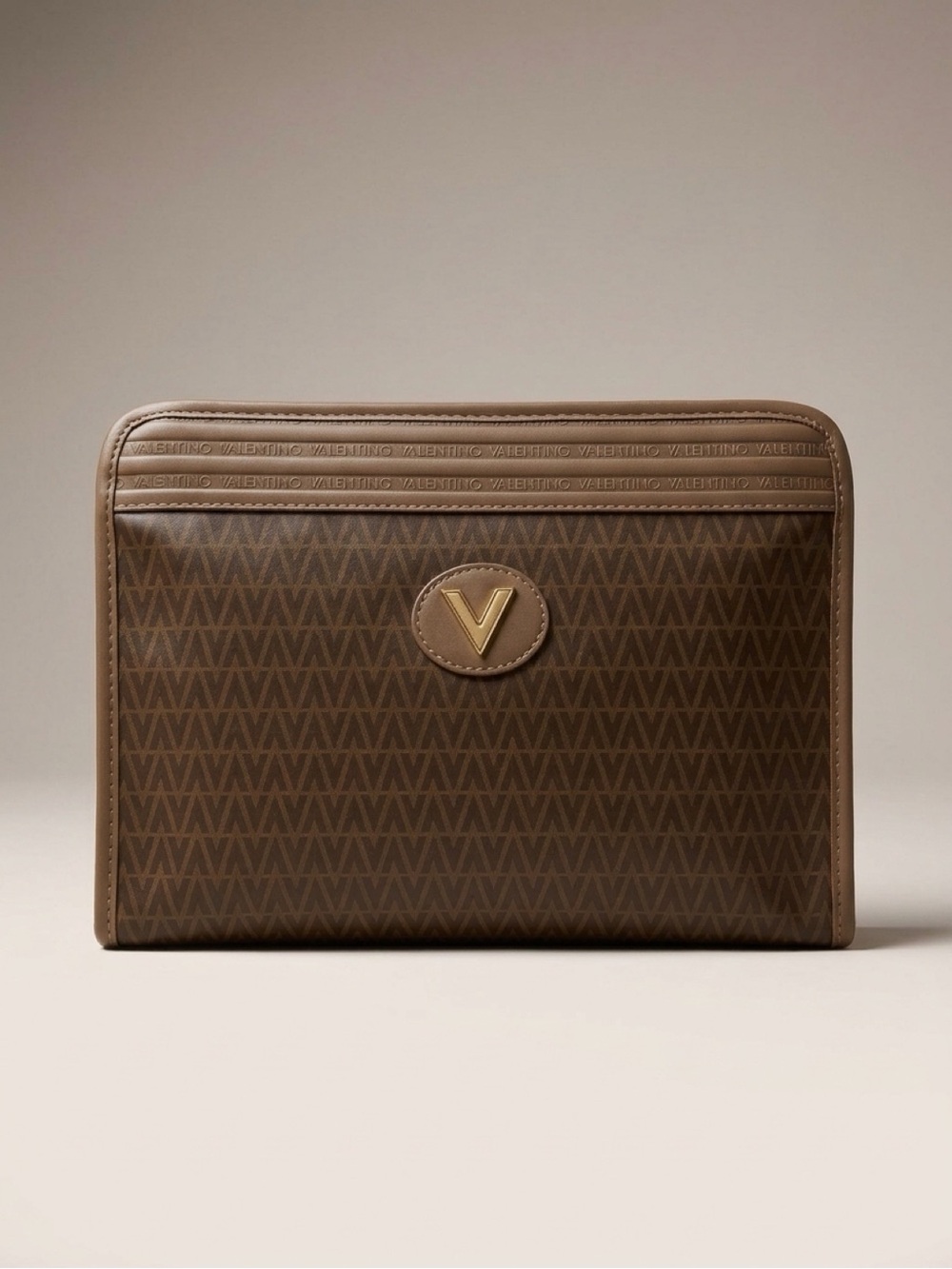 VALENTINO VINTAGE BROWN MONOGRAM TOILETRY POUCH WITH GOLD V EMBLEM/UNISEX